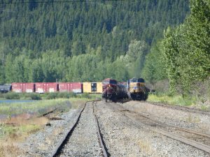 CPR Crowsnest Pass, Summit. Kreuzung des westwärts fahrenden Zug (links), am Schluss die Schiebe-Lok - schön sichtbar auch die Qulaität des Gleises - und rechts der von Union Pacific-Loks geführte Zug ostwärts mit Getreidewagen